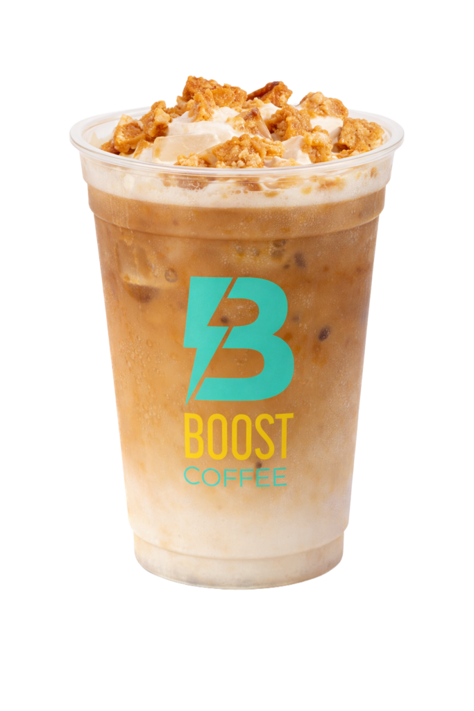 Boost drive thru coffee and energy drinks menu Captain Latte with cinnamon and cereal milk