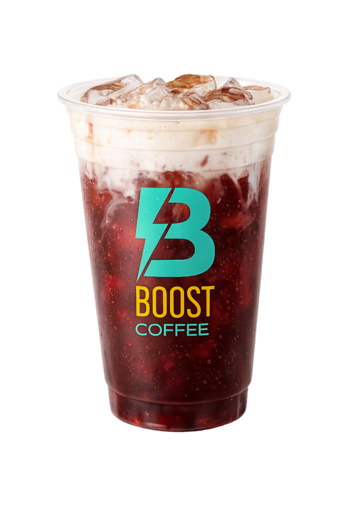 Boost drive thru coffee and energy drinks menu soda cherry cola chill