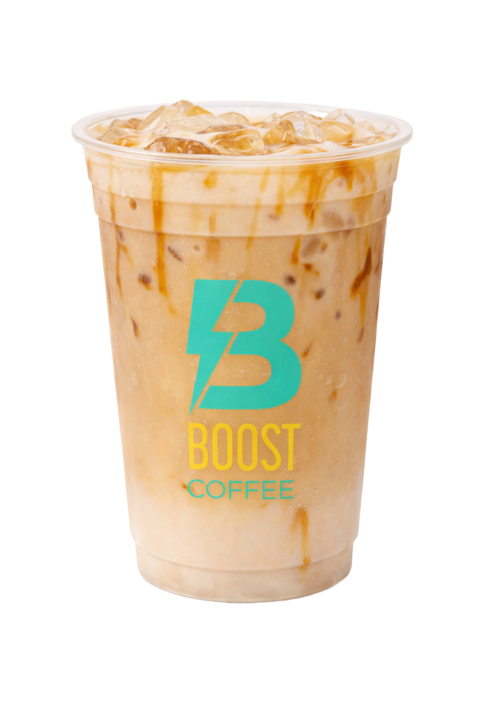 Boost drive thru coffee and energy drinks menu iced gold lightning latte with caramel and vanilla